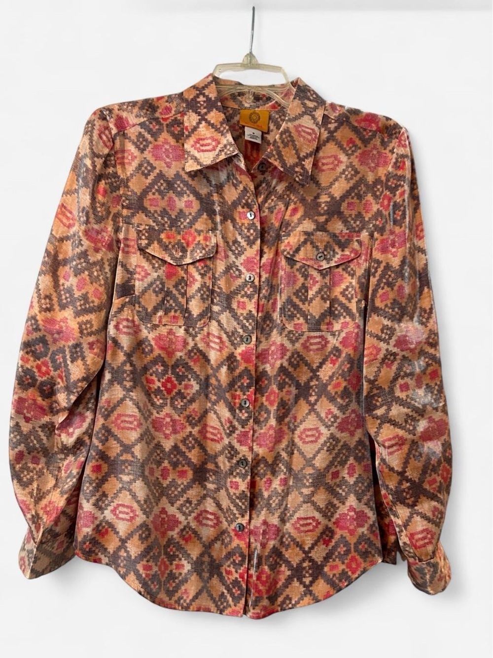 Geometric Print Button-Up Shirt in Rust and Pink